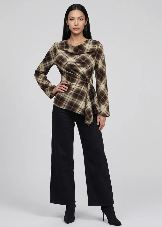 Gini London Khaki Check Cowl High Neck Ruched Side Blouse
