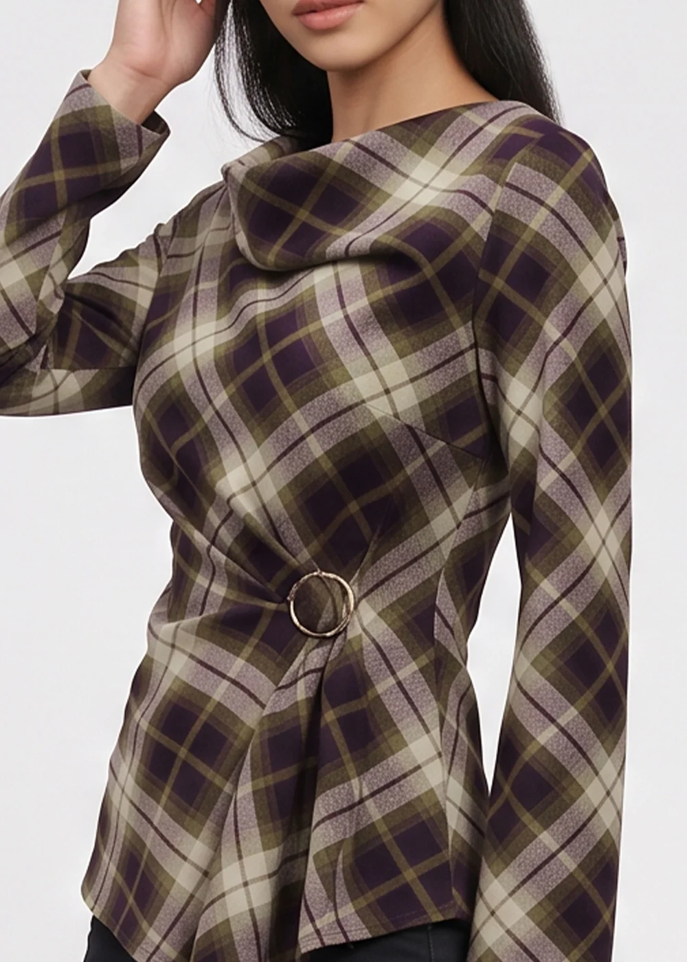 Gini London Khaki Check Cowl High Neck Ruched Side Blouse - 16 Image 3
