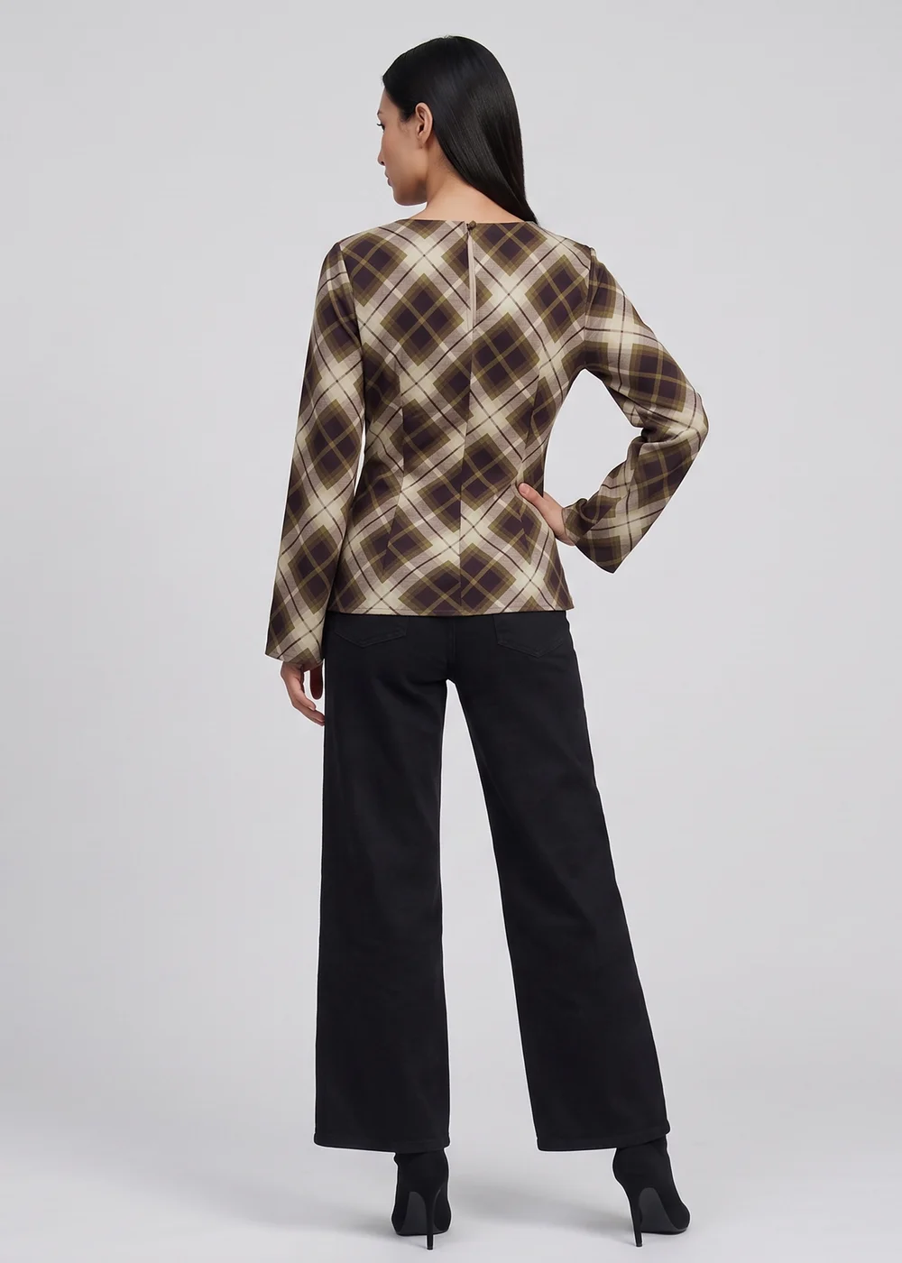 Gini London Khaki Check Cowl High Neck Ruched Side Blouse - 16 Image 2