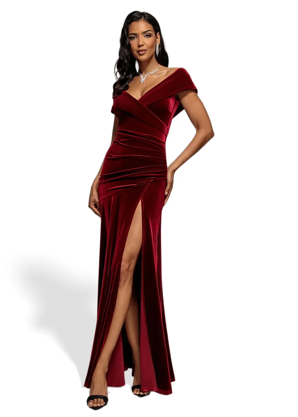 Goddiva Wine Velvet Off Shoulder Pleated A Line Maxi Dress - 18 Image 1