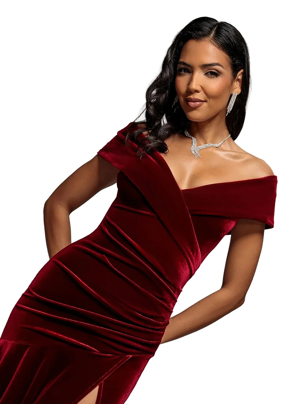 Goddiva Wine Velvet Off Shoulder Pleated A Line Maxi Dress - 18 Image 3