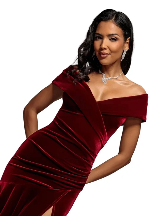 Goddiva Wine Velvet Off Shoulder Pleated A Line Maxi Dress - 18 Image 3