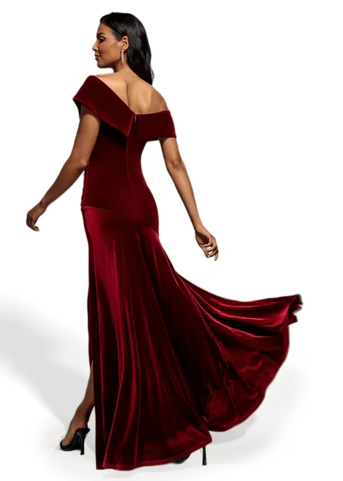 Goddiva Wine Velvet Off Shoulder Pleated A Line Maxi Dress - 18 Image 2