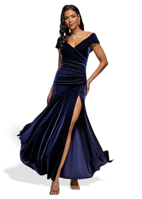 Goddiva Indigo Velvet Off Shoulder Pleated A Line Maxi Dress - 12 Image 1
