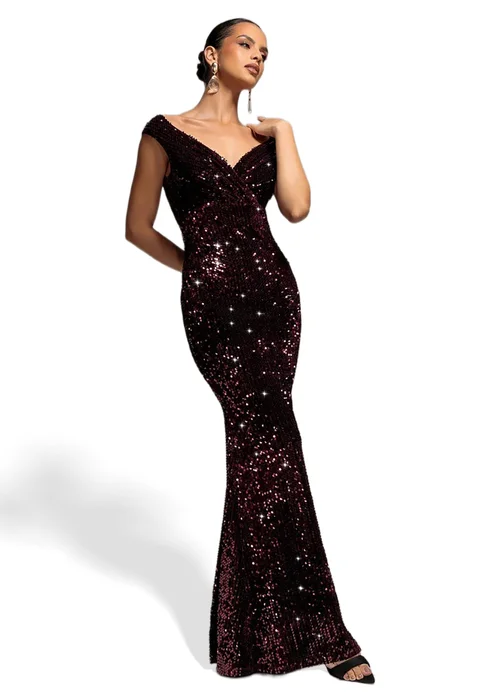 Goddiva Plum Sequin & Velvet Off The Shoulder Wrap Maxi Dress - 12 Image 1