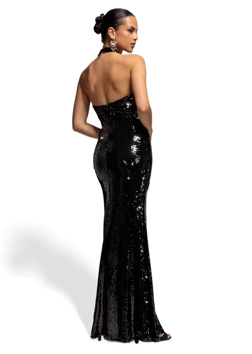 Goddiva Black Sequin Open Back Halter Neck Maxi Dress - 8 Image 2