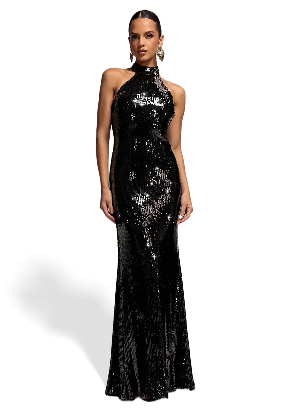 Goddiva Black Sequin Open Back Halter Neck Maxi Dress - 8 Image 1