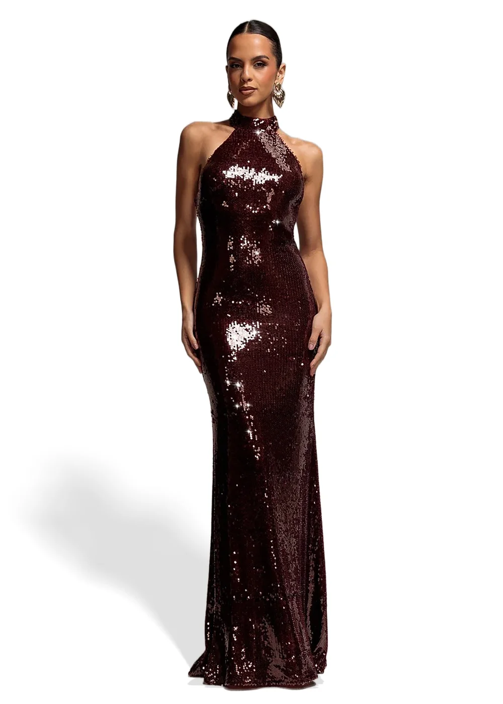 Goddiva Burgundy Sequin Open Back Halter Neck Maxi Dress - 12 Image 1