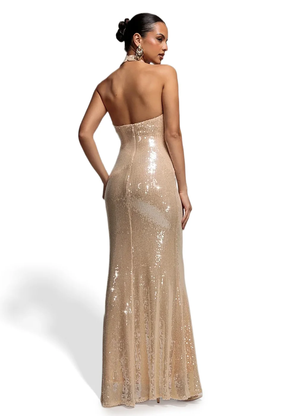 Goddiva Nude Sequin Open Back Halter Neck Maxi Dress - 14 Image 2