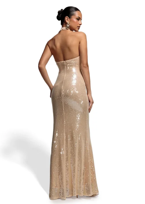 Goddiva Nude Sequin Open Back Halter Neck Maxi Dress - 14 Image 2