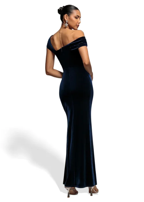 Goddiva Navy One Shoulder Velvet Maxi Dress - 16 Image 2