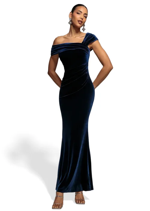 Goddiva Navy One Shoulder Velvet Maxi Dress - 16 Image 1