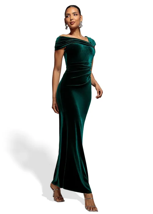 Goddiva Emerald Green One Shoulder Velvet Maxi Dress - 14 Image 1