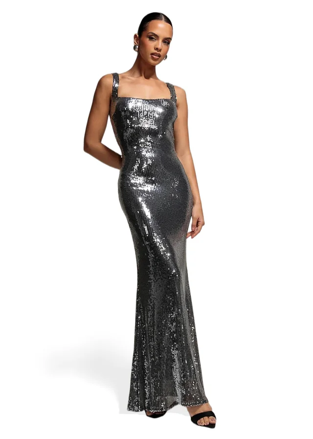 Goddiva Silver Sleeveless Square Neck Sequin Mermaid Maxi Dress