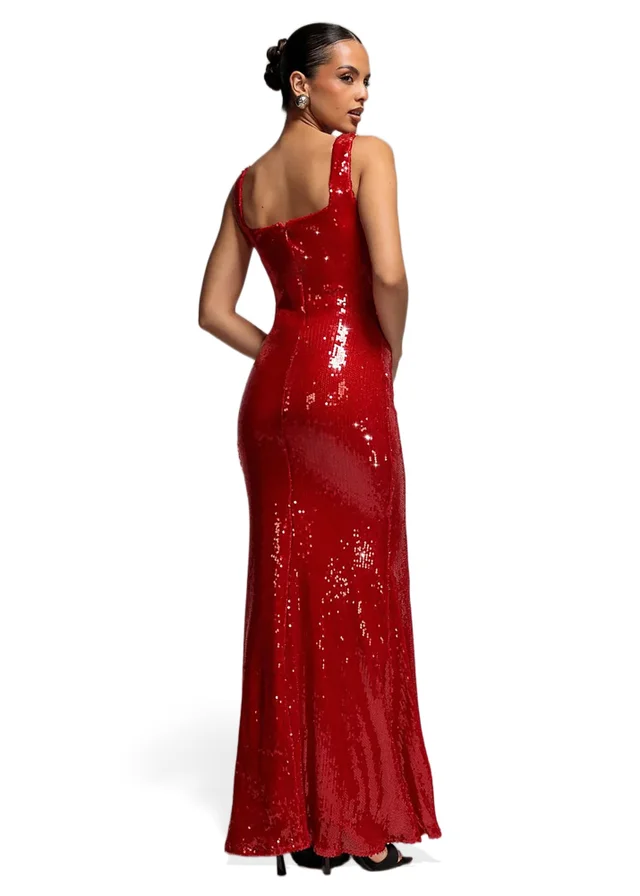Goddiva Red Sleeveless Square Neck Sequin Mermaid Maxi Dress