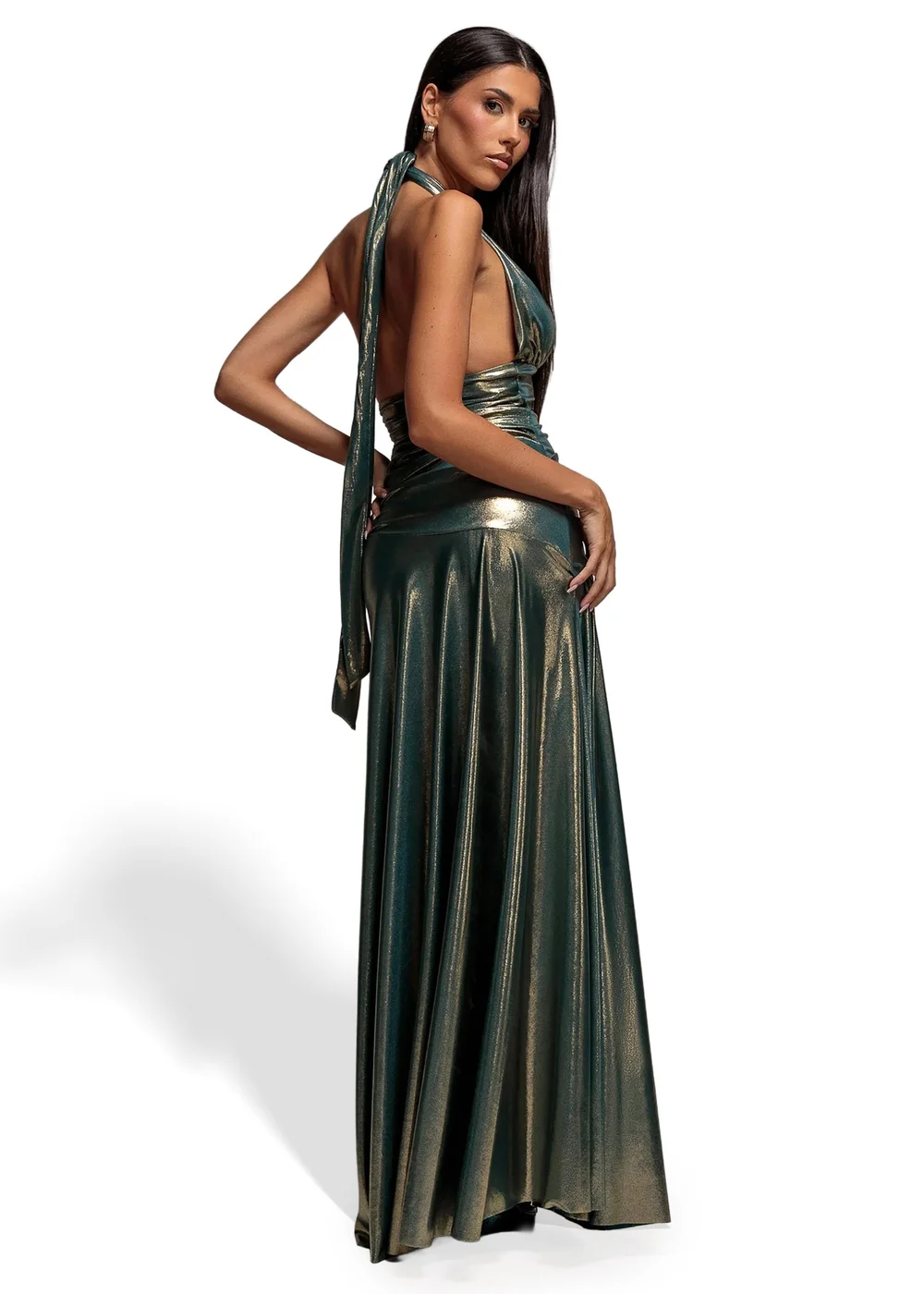 Goddiva Dark Gold Halterneck Empire Waist Gathered Sunrise Foil Maxi Dress - 16 Image 2