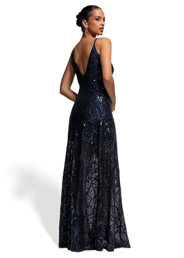 Goddiva Navy Blue Ornamental Patterned Iridescent Sequin Maxi With Front Split Dress