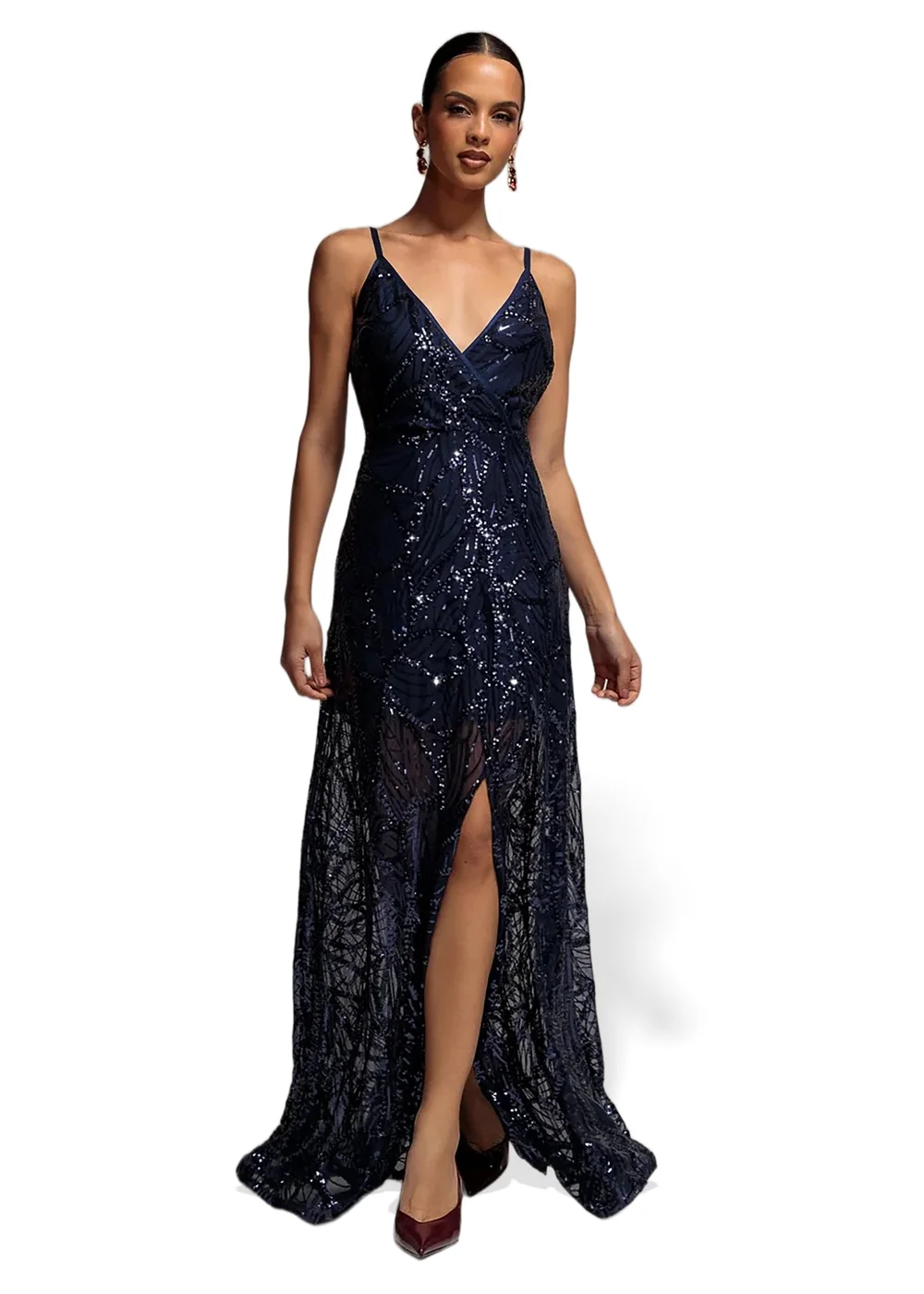Goddiva Navy Blue Ornamental Patterned Iridescent Sequin Maxi With Front Split Dress - 16 Image 1