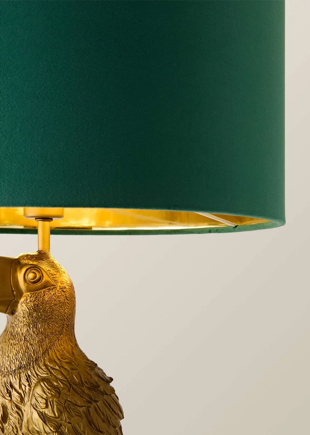 ValueLights Tuki Toucan Table Lamp with Green Velvet & Gold Inner Shade and Warm White Bulb - One Size Image 5
