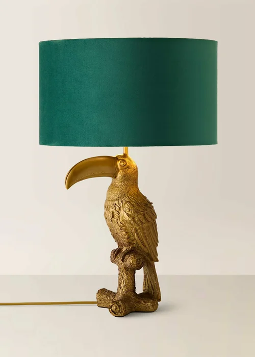 ValueLights Tuki Toucan Table Lamp with Green Velvet & Gold Inner Shade and Warm White Bulb - One Size Image 3