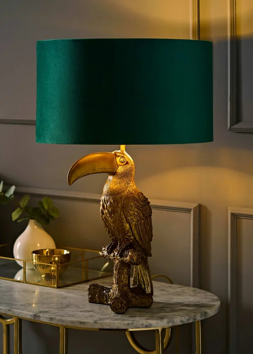 ValueLights Tuki Toucan Table Lamp with Green Velvet & Gold Inner Shade and Warm White Bulb - One Size Image 2