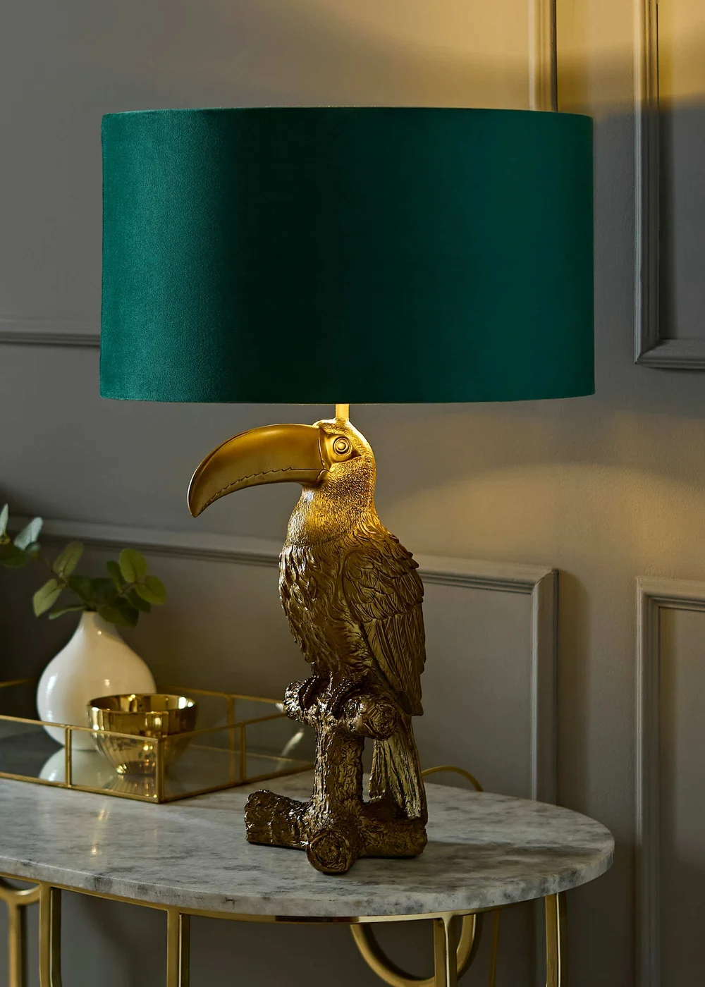ValueLights Tuki Toucan Table Lamp with Green Velvet & Gold Inner Shade and Warm White Bulb - One Size Image 1