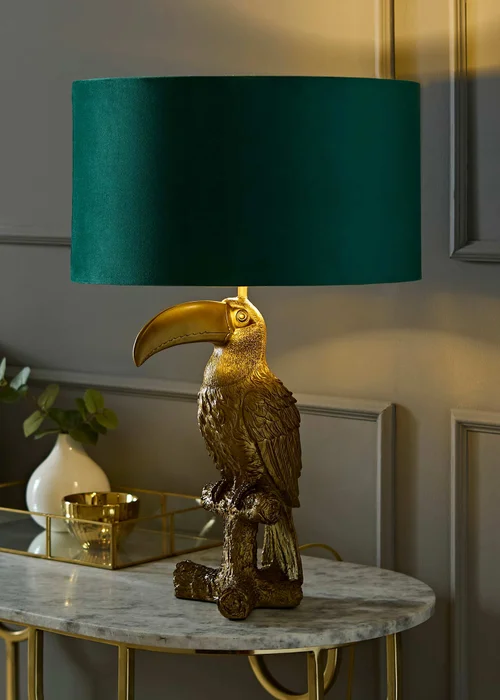 ValueLights Tuki Toucan Table Lamp with Green Velvet & Gold Inner Shade and Warm White Bulb - One Size Image 1