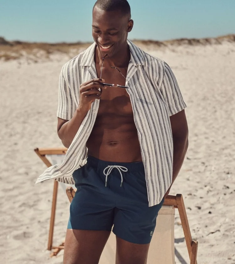 Man wearing shirt and shorts on the beach with sunglasses in hand
