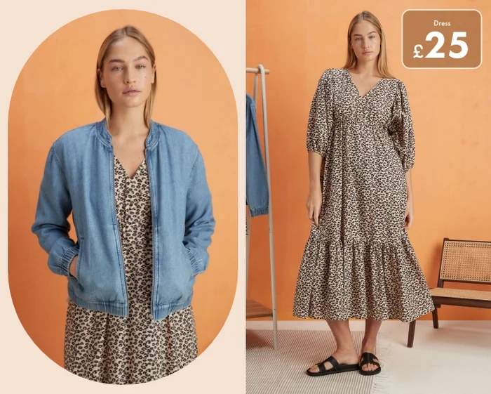 Woman wearing tiered smock midi dress in leopard print paired with black mule sandals.