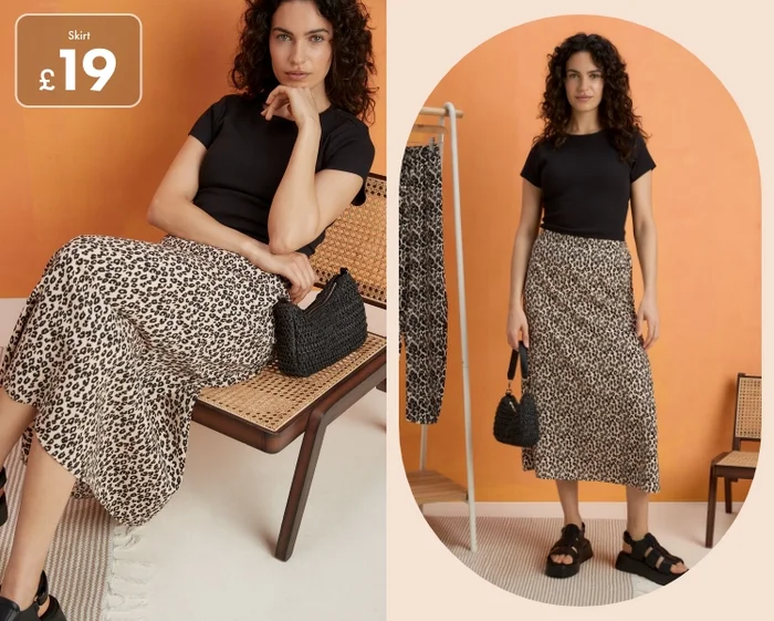 Woman wearing a black t-shirt tucked into a leopard print skirt paired with a pair of chunky black sandals and crochet black handbag.